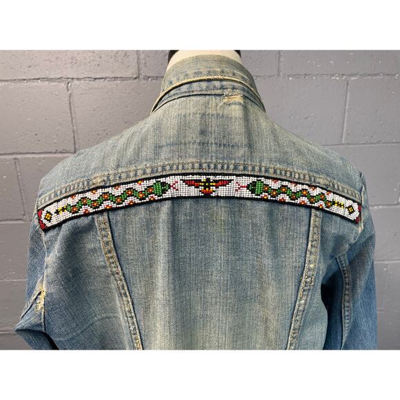 Vtg 1970s Wrangler Beaded Native American Med Wash Denim Jacket Honest Wear - Picture 2 of 16
